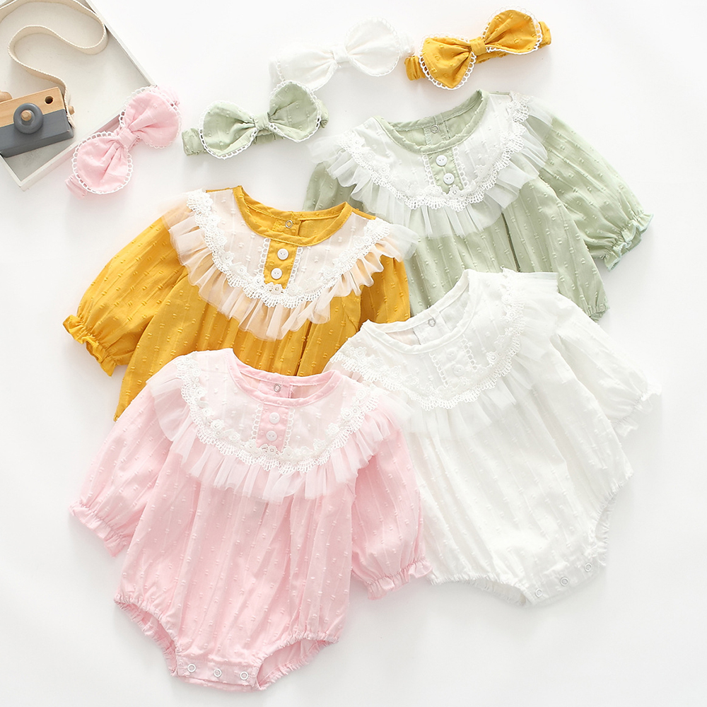 【0M-24M】2-piece Baby Girl Multicolor Cotton Jacquard Long Sleeve Romper With Hairband 【0M-24M】2-piece Baby Girl Multicolor Cotton Jacquard Long Sleeve Romper With Hairband