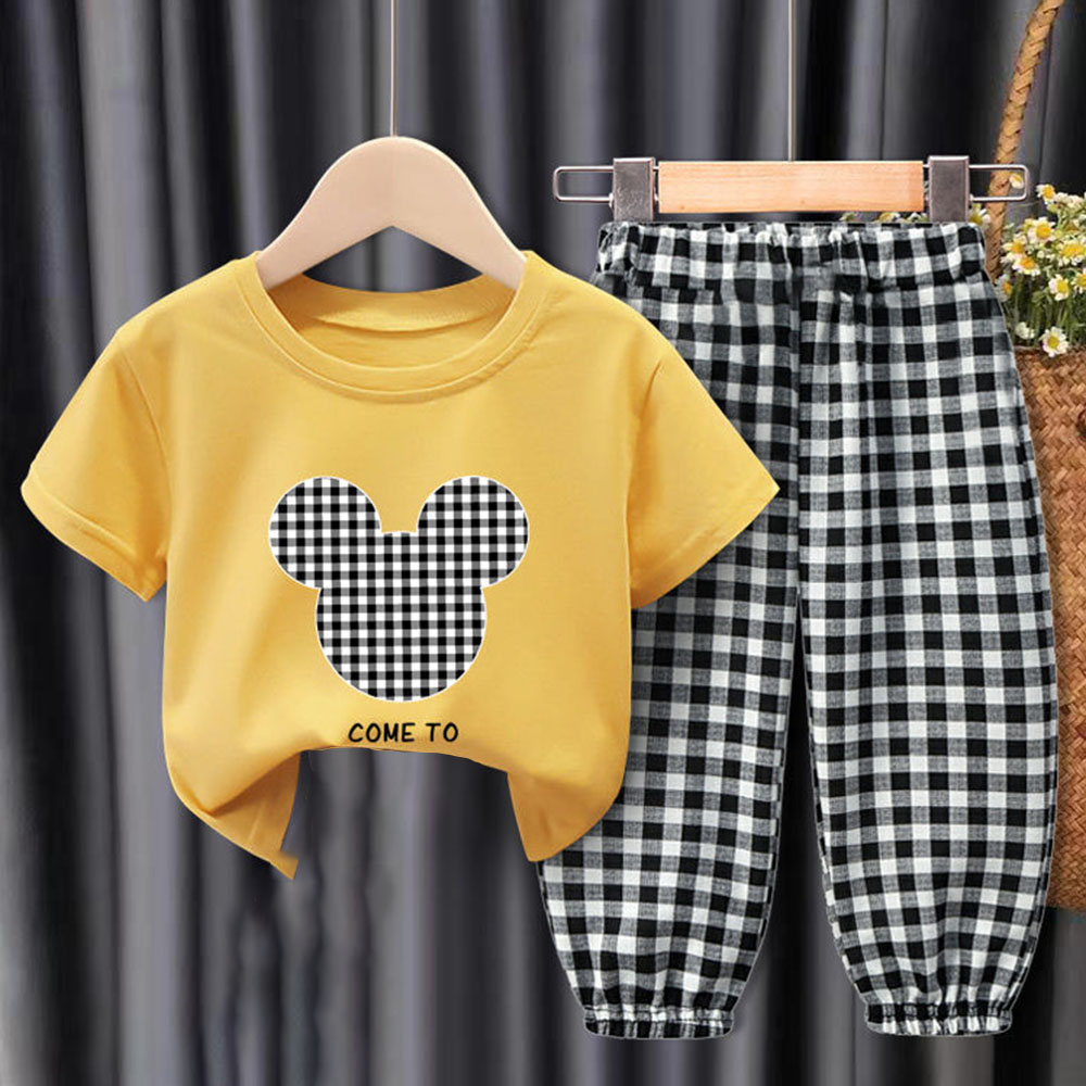 【18M-9Y】Unisex Kids Cartoon Print Short-sleeved T-shirt And Plaid Pants Set - 34359 【18M-9Y】Unisex Kids Cartoon Print Short-sleeved T-shirt And Plaid Pants Set - 34359