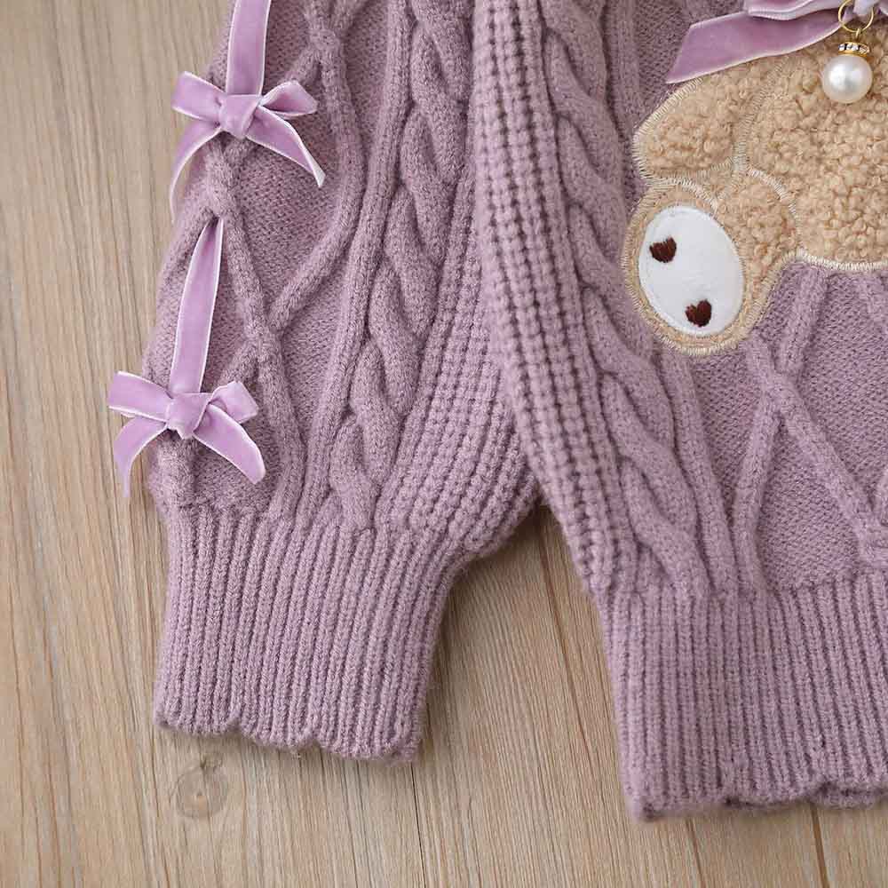 【18M-6Y】Girls Bear Embroidered Round Neck Long Sleeve Sweater - 31120 【18M-6Y】Girls Bear Embroidered Round Neck Long Sleeve Sweater - 31120