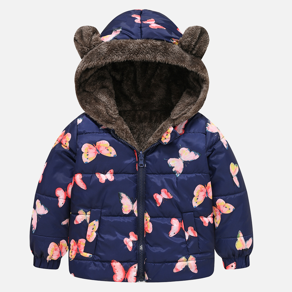 【18M-6Y】Girls Thick Butterfly Print Reversible Hooded Fleece Coat 【18M-6Y】Girls Thick Butterfly Print Reversible Hooded Fleece Coat