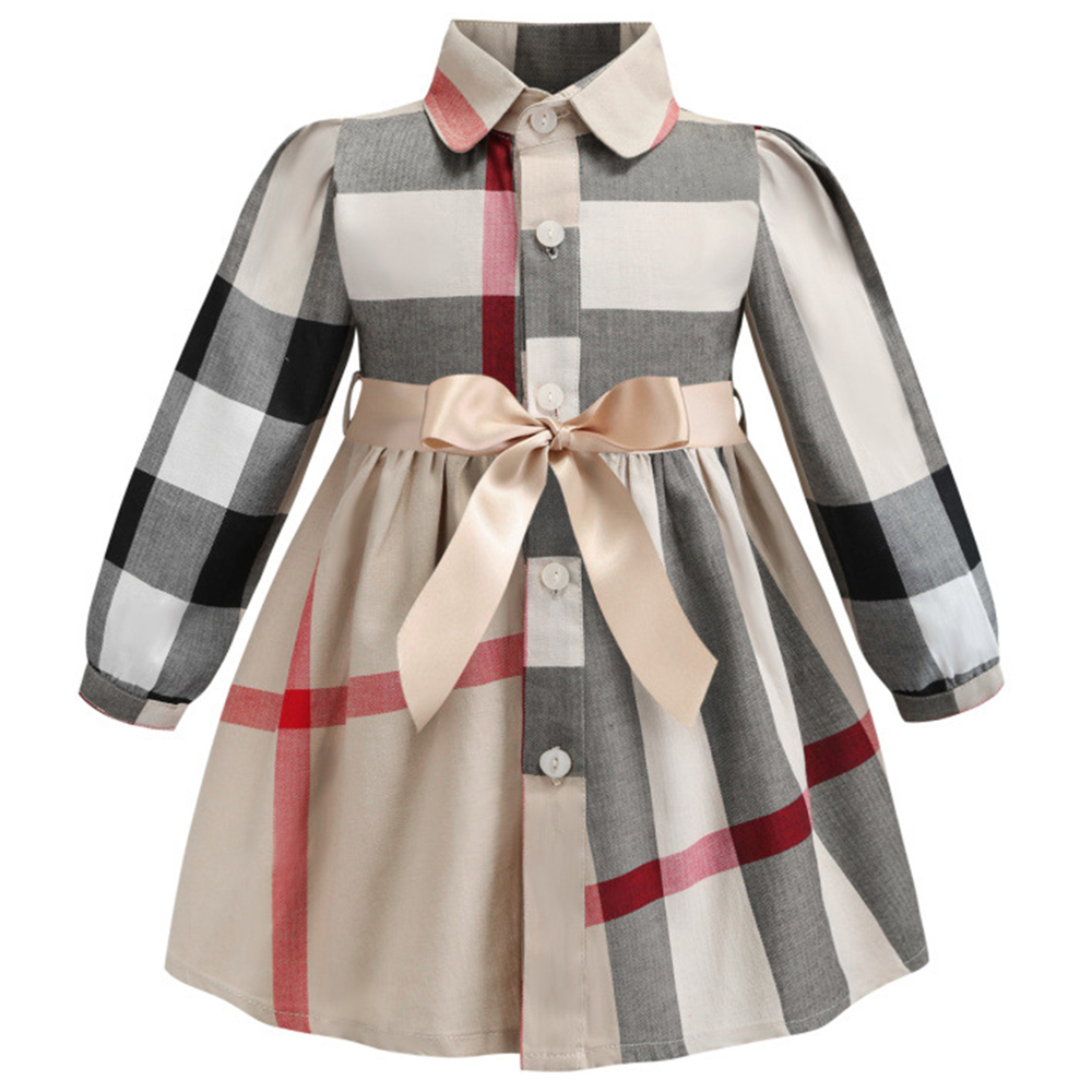 【2Y-8Y】Girls Cotton Khaki Plaid Lapel Long Sleeve Dress 【2Y-8Y】Girls Cotton Khaki Plaid Lapel Long Sleeve Dress