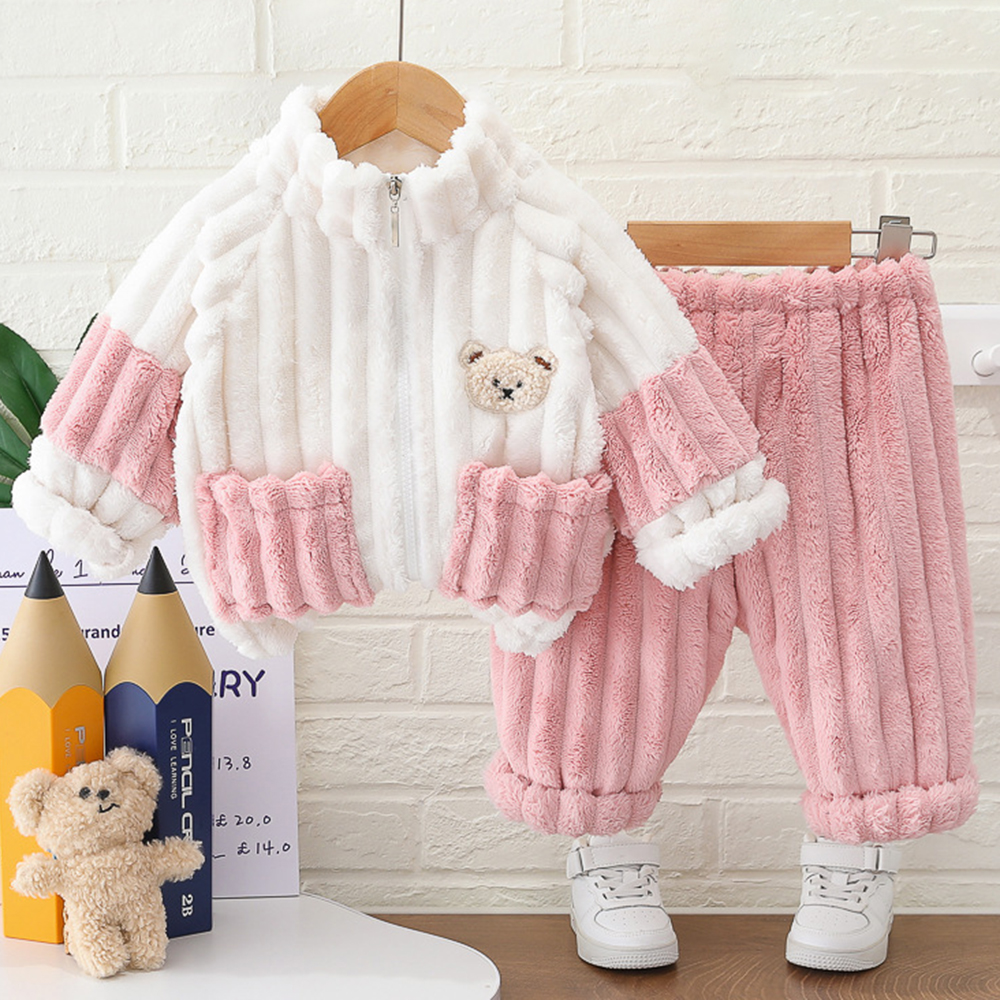 【9M-4Y】2-piece Unisex Kids Thick Flannel Bear Embroidered Pajama Set 【9M-4Y】2-piece Unisex Kids Thick Flannel Bear Embroidered Pajama Set