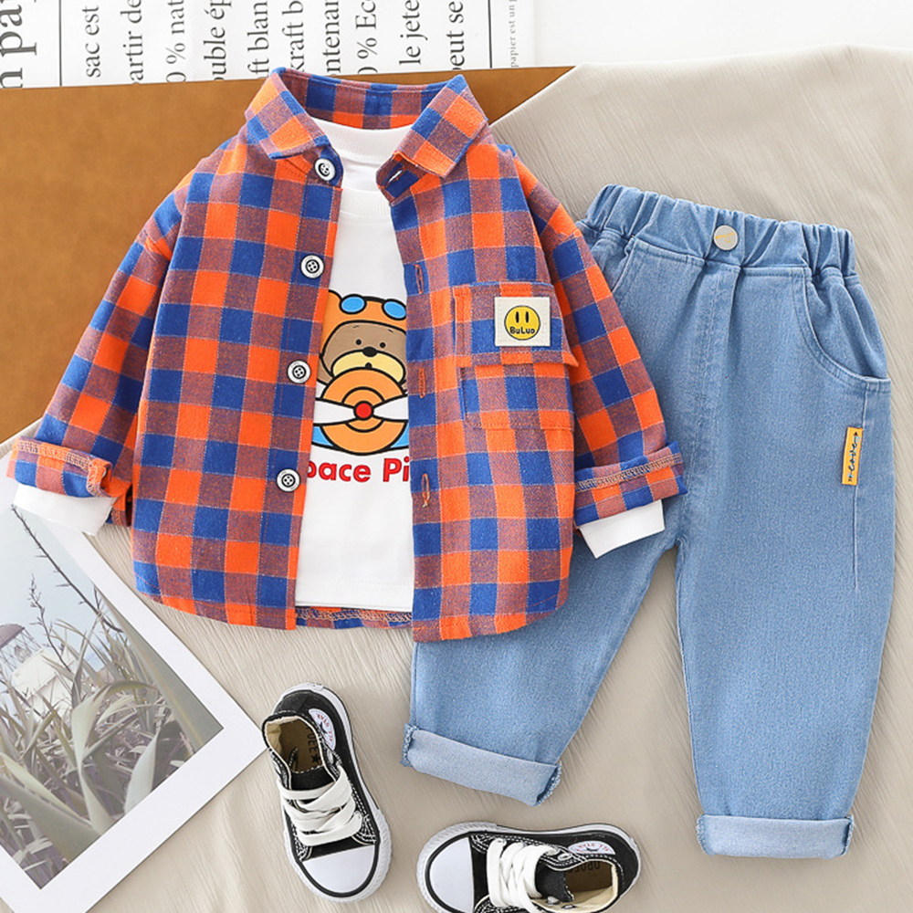 【9M-4Y】3-piece Boys Bear Print Long-sleeved T-shirt And Plaid Shirt And Jeans Set 【9M-4Y】3-piece Boys Bear Print Long-sleeved T-shirt And Plaid Shirt And Jeans Set