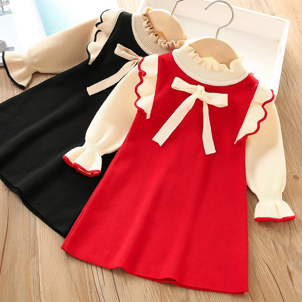 【18M-7Y】Girls Bow Long Sleeve Sweater Dress - 33256 【18M-7Y】Girls Bow Long Sleeve Sweater Dress - 33256