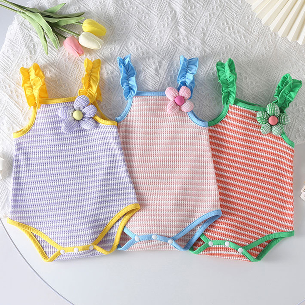【3M-24M】Baby Girl Striped Applique Sling Romper 【3M-24M】Baby Girl Striped Applique Sling Romper