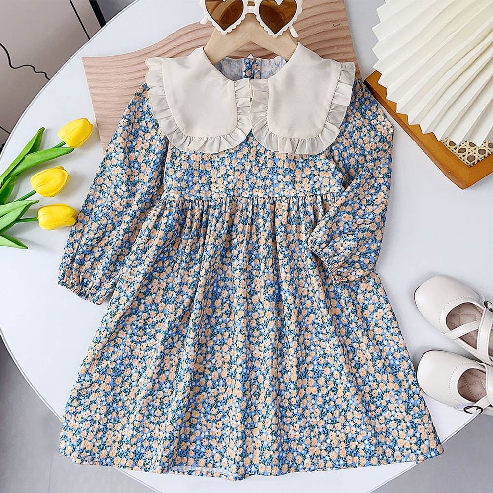 【2Y-7Y】Girls Blue Floral Lapel Long Sleeve Dress 【2Y-7Y】Girls Blue Floral Lapel Long Sleeve Dress
