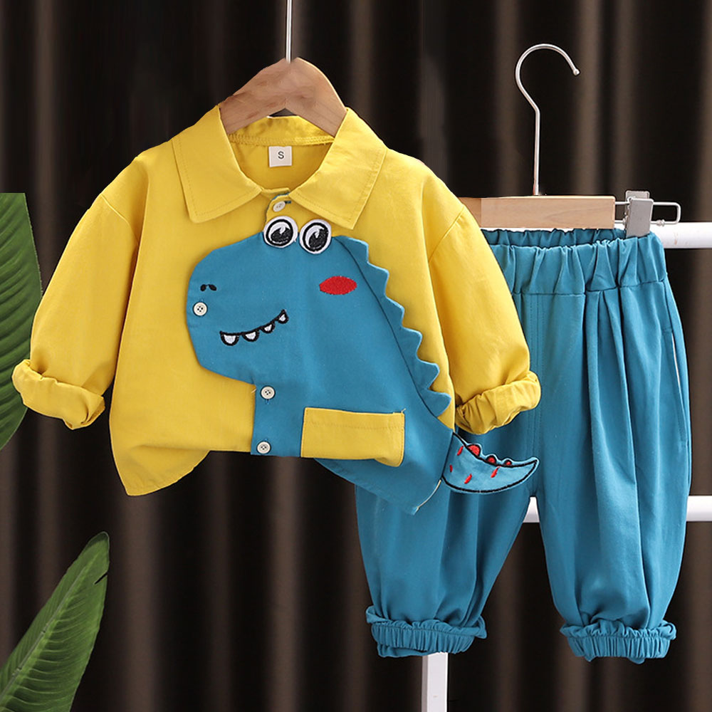 【9M-4Y】2-piece Boys Dinosaur Embroidered Long Sleeve Shirt And Pants Set 【9M-4Y】2-piece Boys Dinosaur Embroidered Long Sleeve Shirt And Pants Set