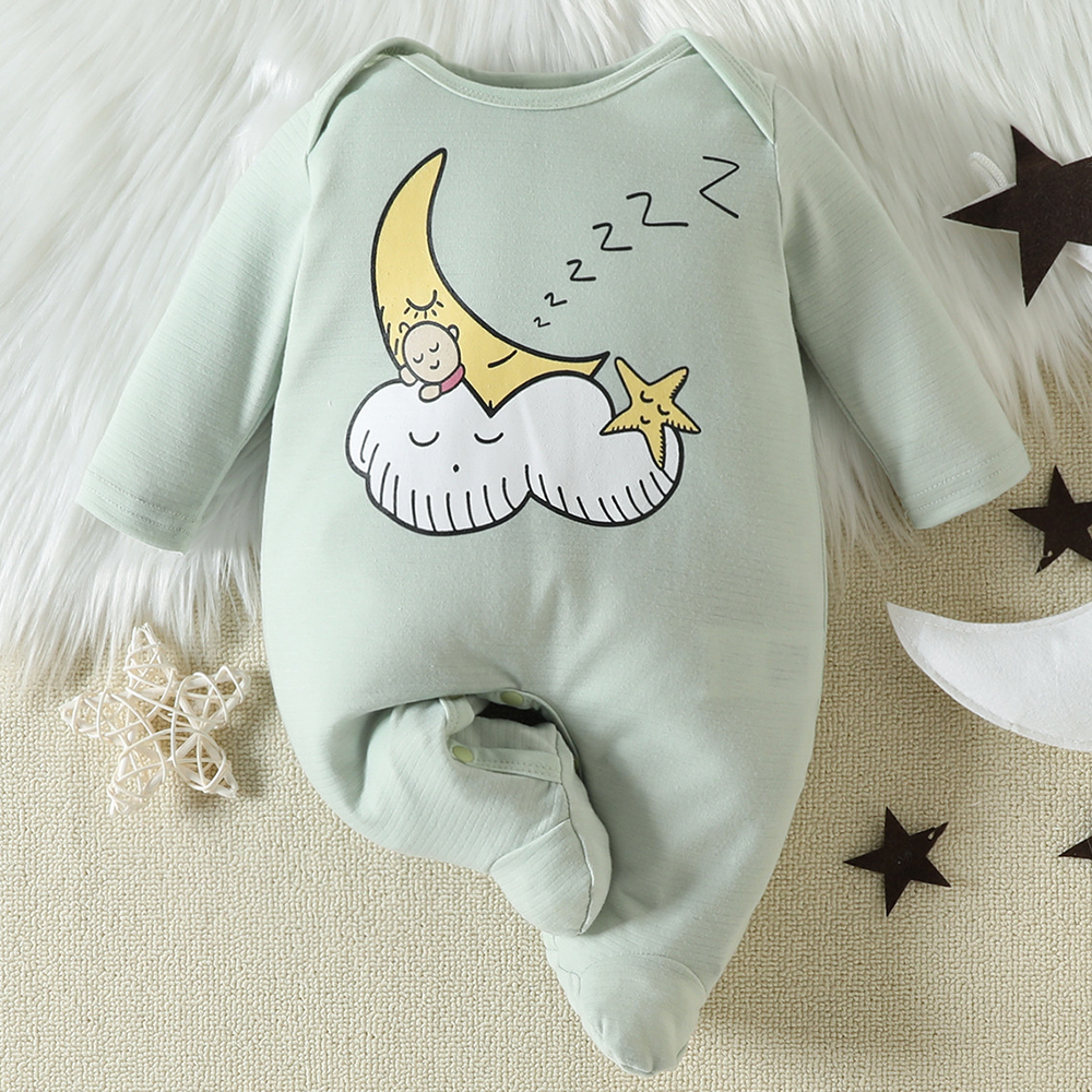 【0M-9M】Unisex Baby Green Cartoon Print Long Sleeve Romper 【0M-9M】Unisex Baby Green Cartoon Print Long Sleeve Romper