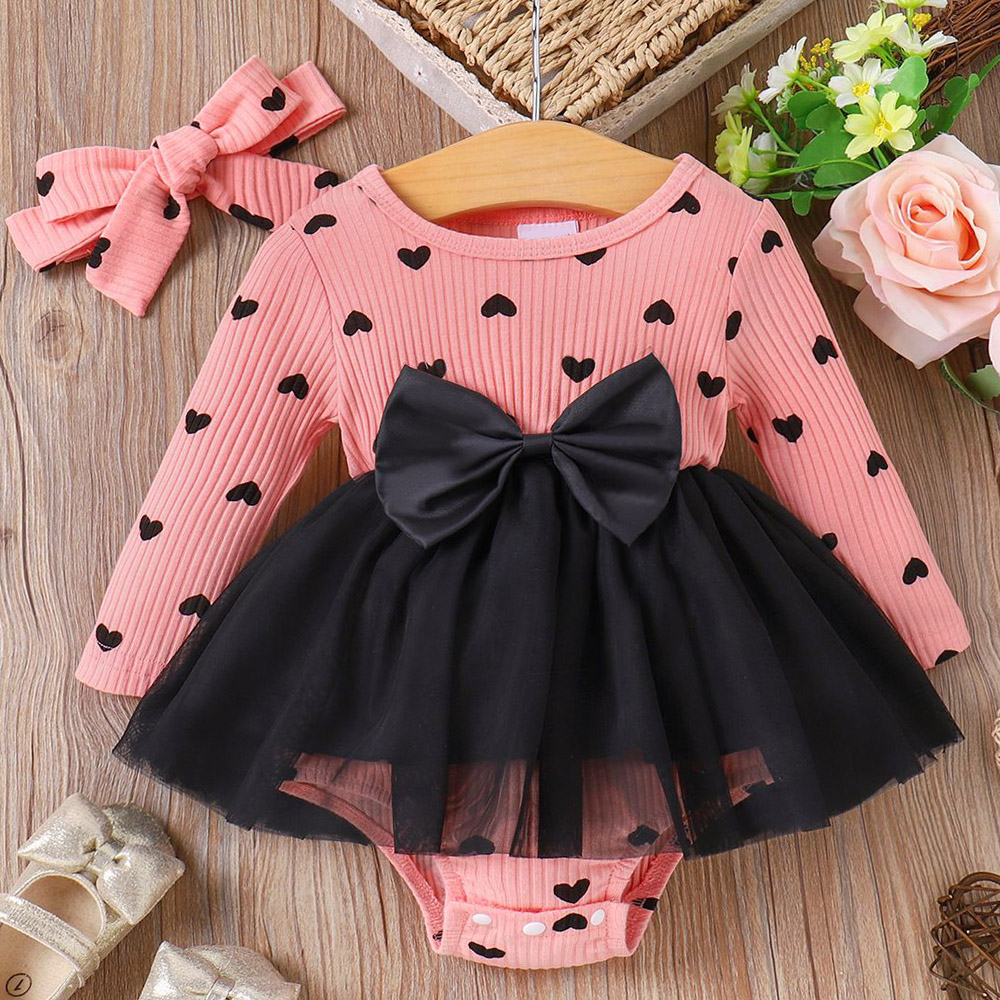 【0M-18M】2-piece Baby Girl Pink Heart Print Long Sleeve Romper With Hairband 【0M-18M】2-piece Baby Girl Pink Heart Print Long Sleeve Romper With Hairband