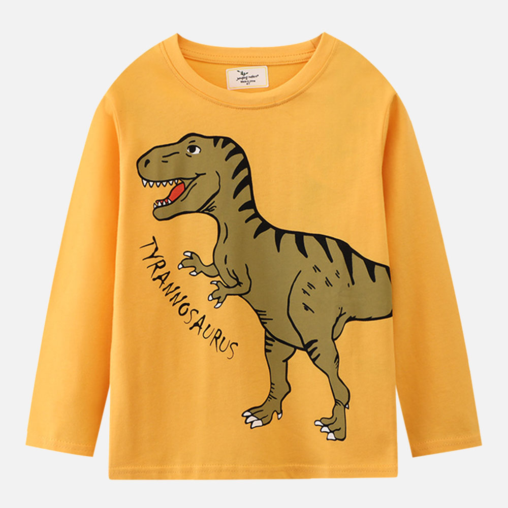 【18M-7Y】Boys Yellow Dinosaur Print Round Neck Long Sleeve T-shirt 【18M-7Y】Boys Yellow Dinosaur Print Round Neck Long Sleeve T-shirt