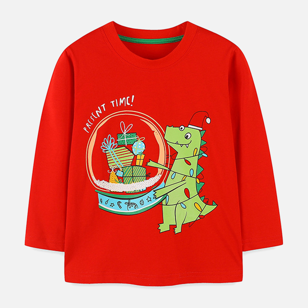 【18M-7Y】Boy Red Christmas Dinosaur Print Round Neck Long Sleeve T-shirt 【18M-7Y】Boy Red Christmas Dinosaur Print Round Neck Long Sleeve T-shirt