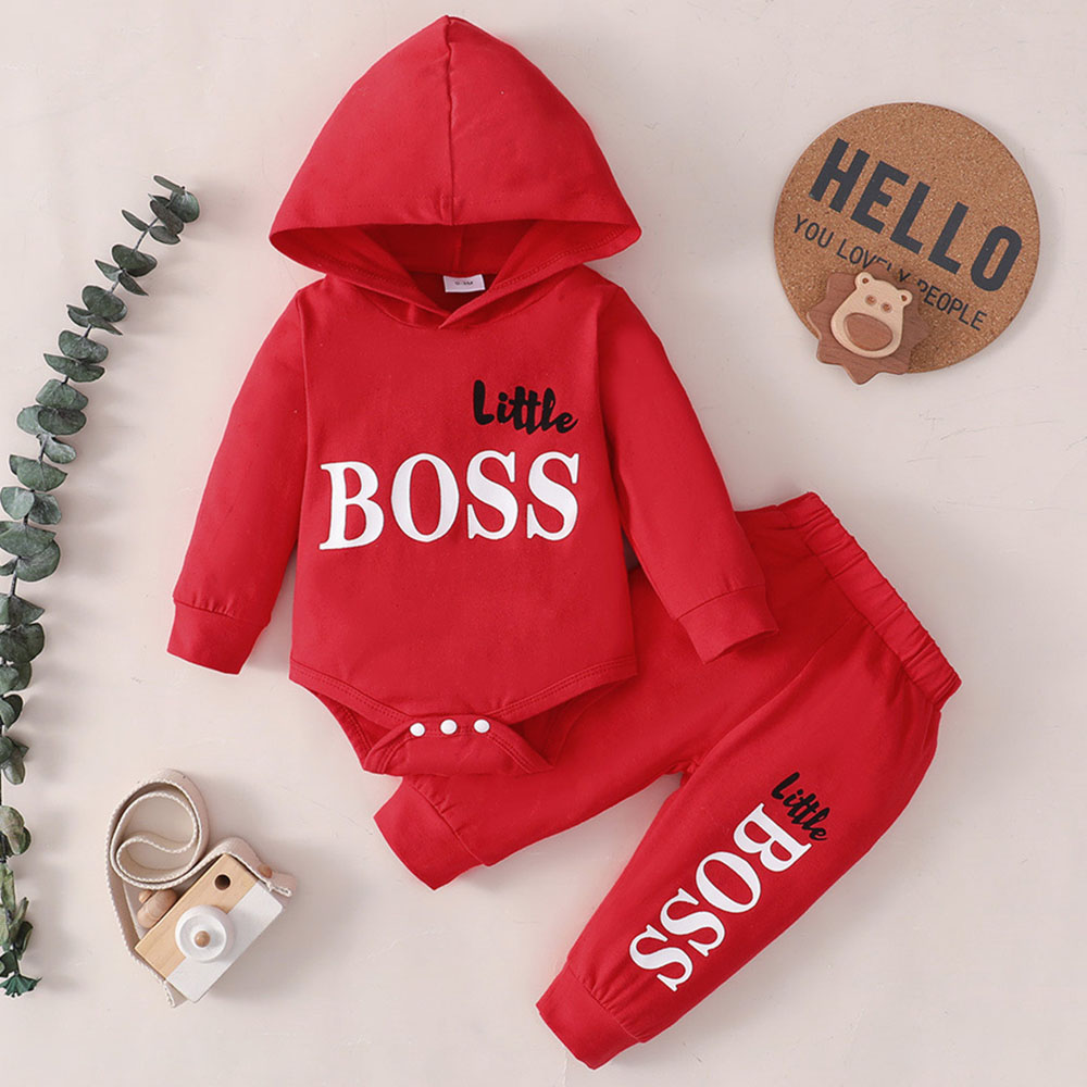 【0M-24M】2-piece Baby Boy Letter Print Long-sleeved Hooded Romper And Pants Set 【0M-24M】2-piece Baby Boy Letter Print Long-sleeved Hooded Romper And Pants Set
