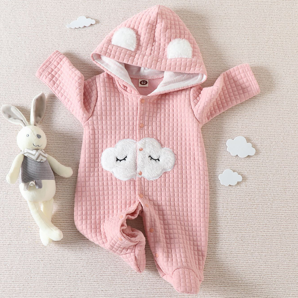 【0M-9M】Baby Girl Pink Thick Cloud Embroidered Long Sleeve Hooded Romper 【0M-9M】Baby Girl Pink Thick Cloud Embroidered Long Sleeve Hooded Romper