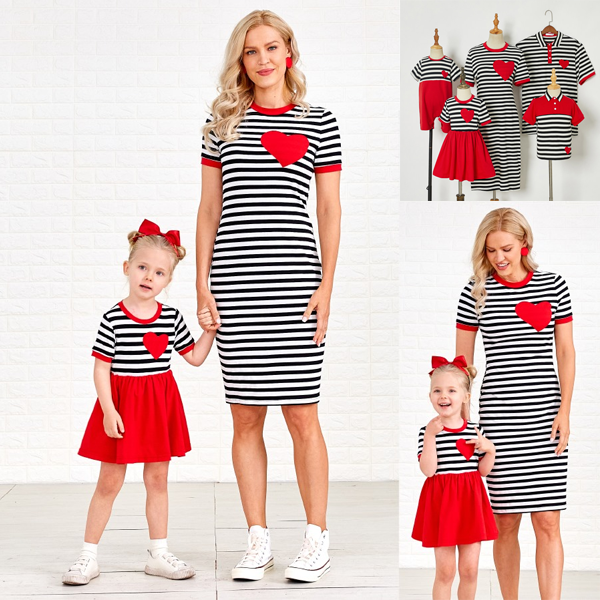 Casual Striped Red Heart-shaped Embroidery Family Matching Outfits - 1361 Casual Striped Red Heart-shaped Embroidery Family Matching Outfits - 1361
