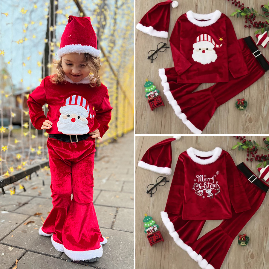 【12M-7Y】3-piece Girls Sweet Red Velvet Christmas Print Plush Top And Flare Pants Set - 34252 【12M-7Y】3-piece Girls Sweet Red Velvet Christmas Print Plush Top And Flare Pants Set - 34252