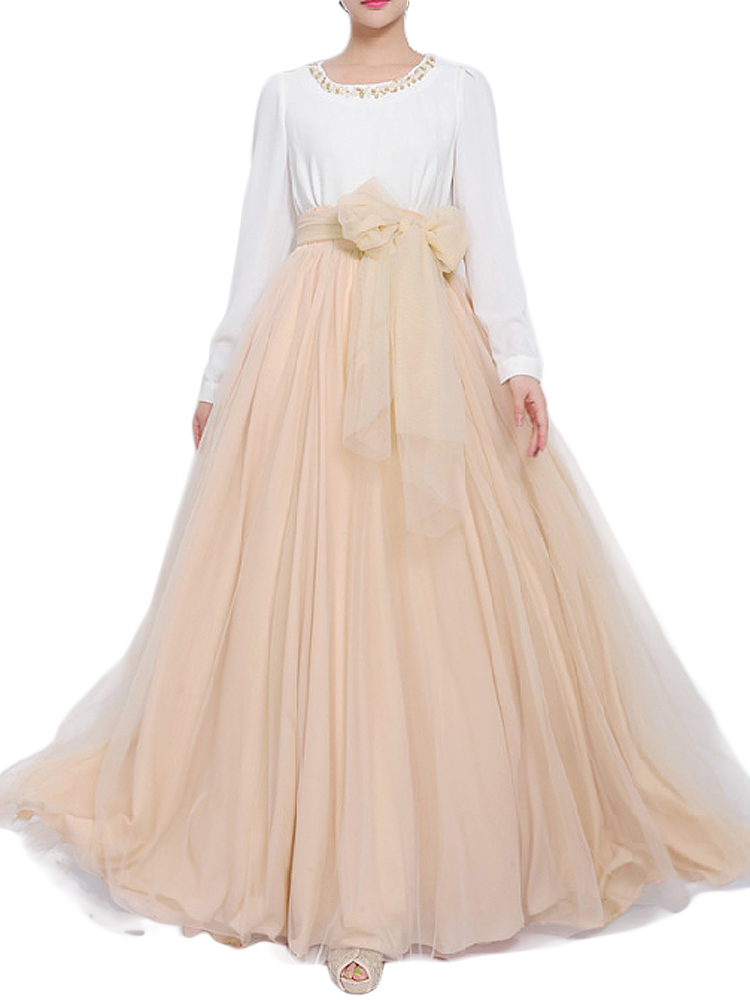 Bow Belt Solid Color Mesh Tulle Pleated High Waist Women Maxi Skirt Bow Belt Solid Color Mesh Tulle Pleated High Waist Women Maxi Skirt