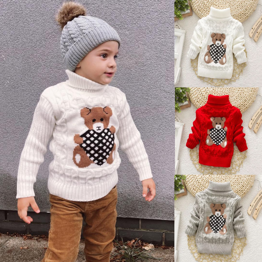 【18M-8Y】Kids Bear Pattern High Neckline Sweater - 3107 【18M-8Y】Kids Bear Pattern High Neckline Sweater - 3107