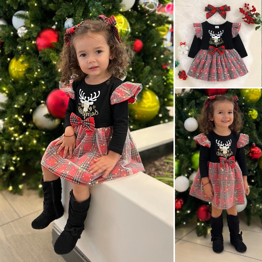 【3M-24M】Girls Christmas Elk Printed Long Sleeve Plaid Dress - 33264 【3M-24M】Girls Christmas Elk Printed Long Sleeve Plaid Dress - 33264