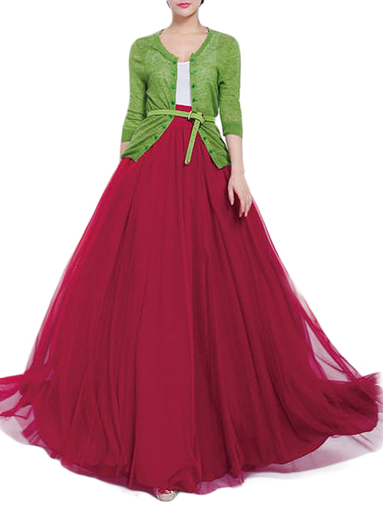 Bow Belt Solid Color Mesh Tulle Pleated High Waist Women Maxi Skirt Bow Belt Solid Color Mesh Tulle Pleated High Waist Women Maxi Skirt