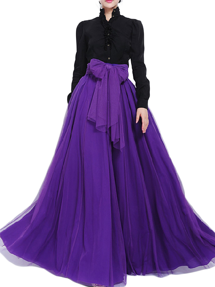 Bow Belt Solid Color Mesh Tulle Pleated High Waist Women Maxi Skirt Bow Belt Solid Color Mesh Tulle Pleated High Waist Women Maxi Skirt