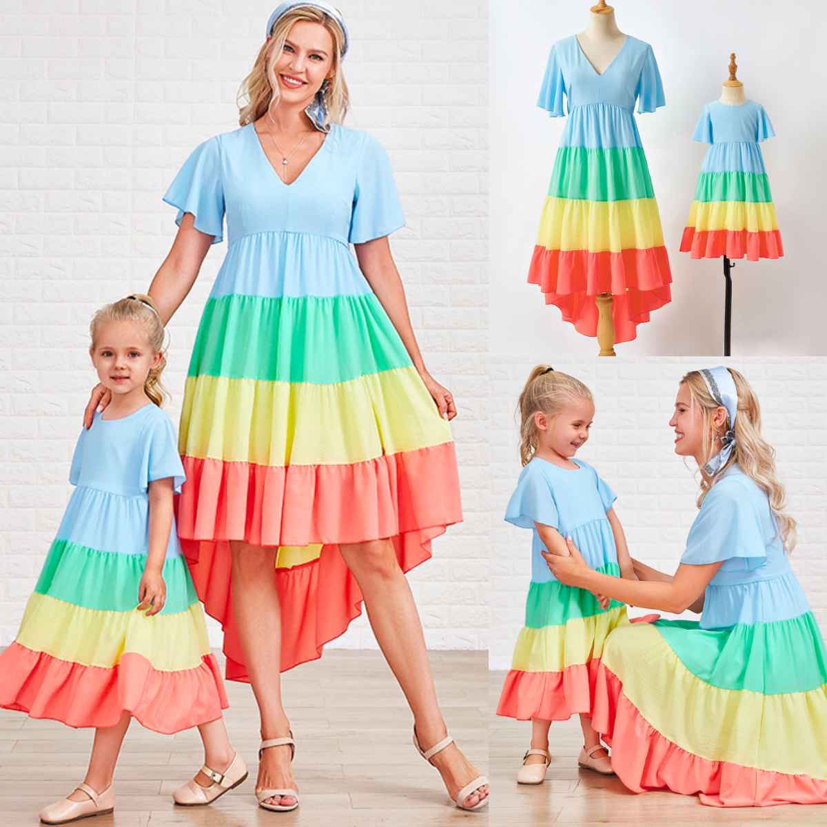 Sweet Color Block Short Sleeve Mom Girl Matching Dress - 1305 Sweet Color Block Short Sleeve Mom Girl Matching Dress - 1305