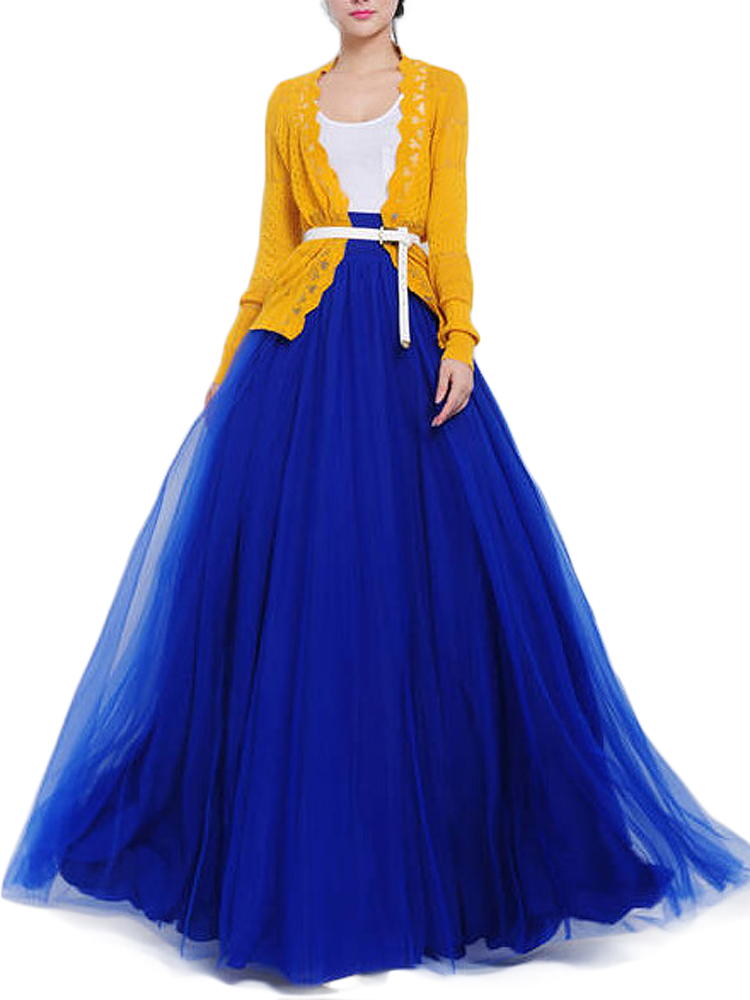 Bow Belt Solid Color Mesh Tulle Pleated High Waist Women Maxi Skirt Bow Belt Solid Color Mesh Tulle Pleated High Waist Women Maxi Skirt