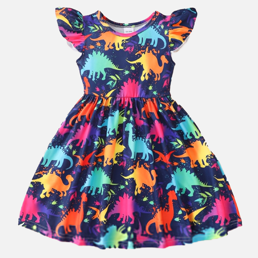 【18M-8Y】Girl Summer Cute Royal Blue Colorful Dinosaur Ruffle Dress 【18M-8Y】Girl Summer Cute Royal Blue Colorful Dinosaur Ruffle Dress