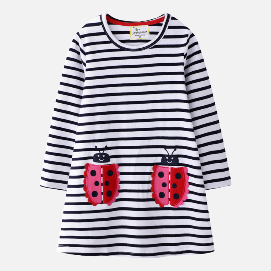 【18M-9Y】Sweet Embroidery Black And White Striped Long Sleeve Knitted Dress - 33261 【18M-9Y】Sweet Embroidery Black And White Striped Long Sleeve Knitted Dress - 33261