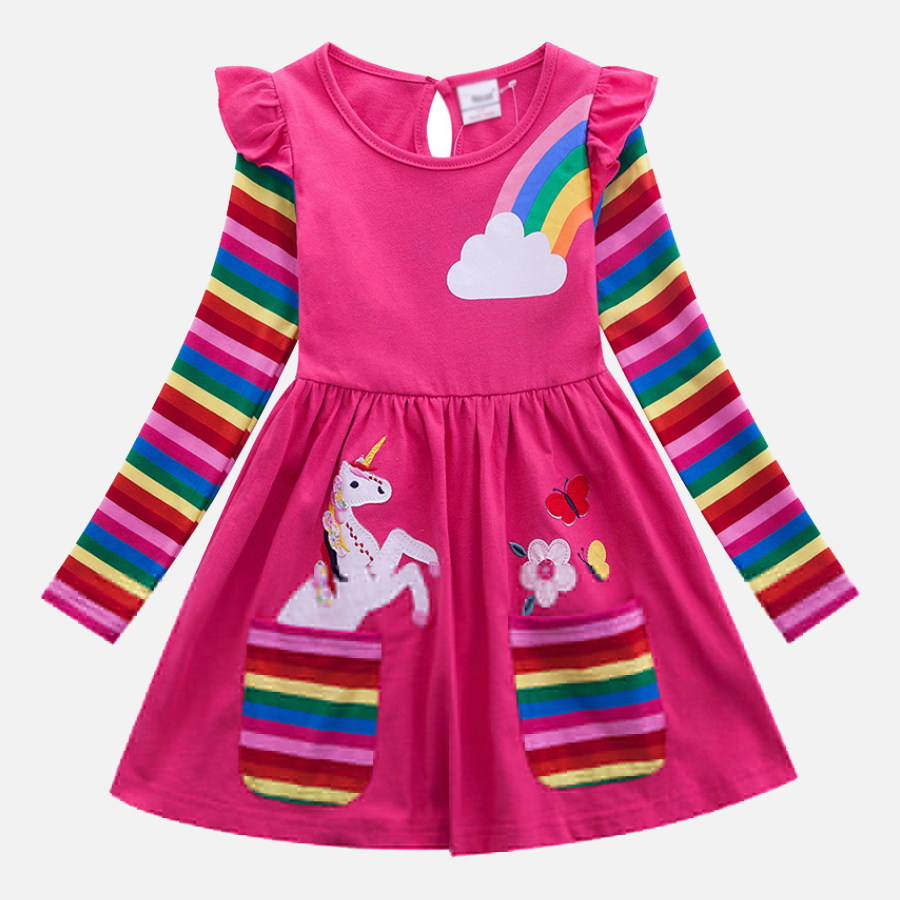 【3Y-8Y】Girl Sweet Rainbow Unicorn Pattern Long Sleeve Dress 【3Y-8Y】Girl Sweet Rainbow Unicorn Pattern Long Sleeve Dress