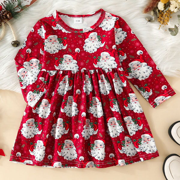 【9M-4Y】Girl Cute Christmas Santa Claus Print Long Sleeve Dress 【9M-4Y】Girl Cute Christmas Santa Claus Print Long Sleeve Dress