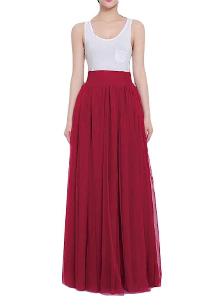 Bow Belt Solid Color Mesh Tulle Pleated High Waist Women Maxi Skirt Bow Belt Solid Color Mesh Tulle Pleated High Waist Women Maxi Skirt