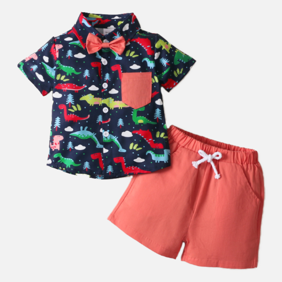 【18M-6Y】Boys 2-piece Dinosaur Print Short Sleeve Top And Shorts Set 【18M-6Y】Boys 2-piece Dinosaur Print Short Sleeve Top And Shorts Set