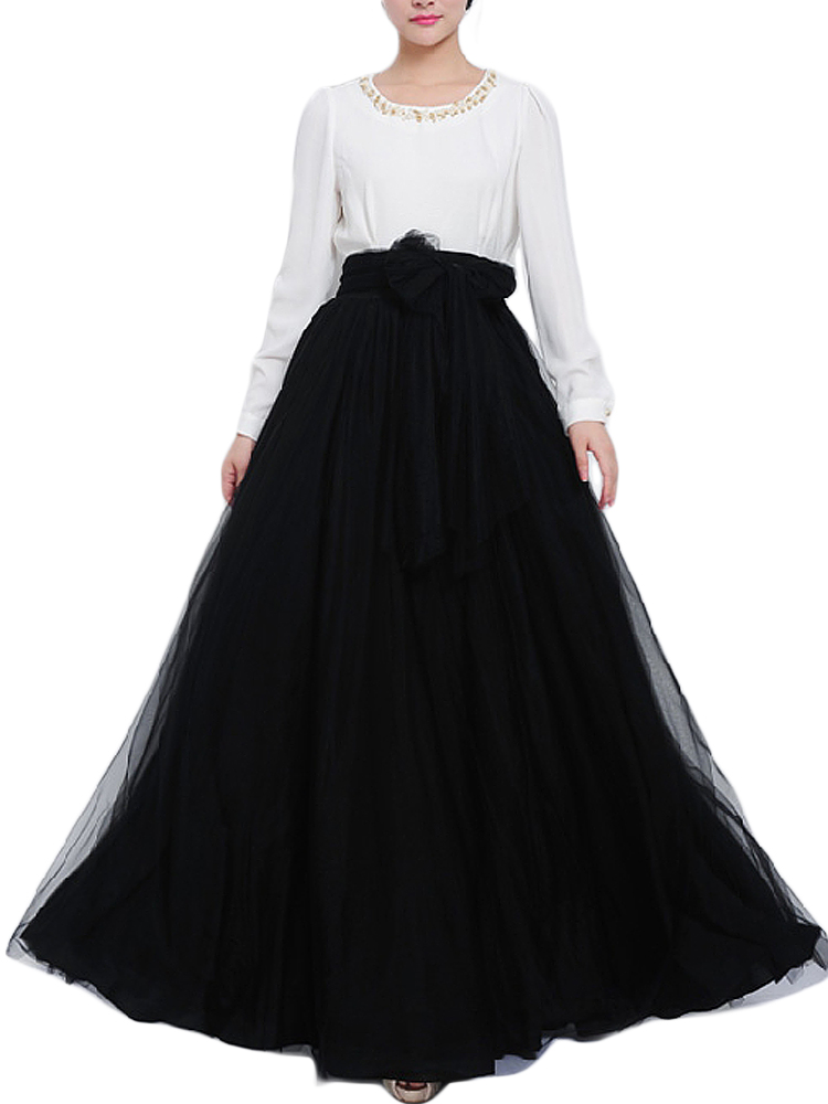 Bow Belt Solid Color Mesh Tulle Pleated High Waist Women Maxi Skirt Bow Belt Solid Color Mesh Tulle Pleated High Waist Women Maxi Skirt