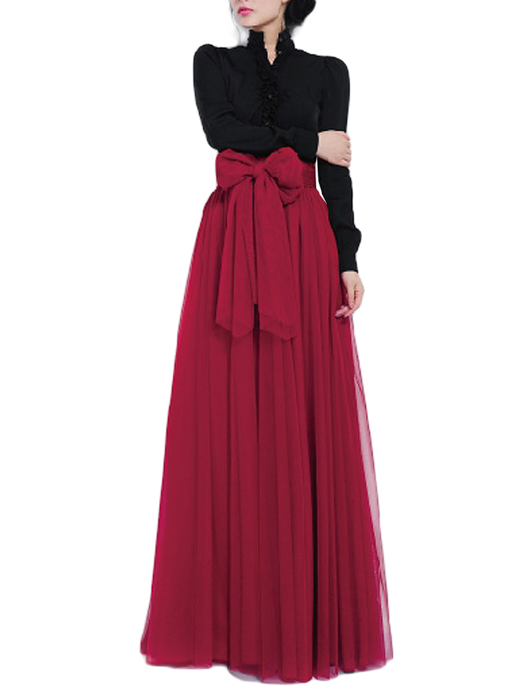 Bow Belt Solid Color Mesh Tulle Pleated High Waist Women Maxi Skirt Bow Belt Solid Color Mesh Tulle Pleated High Waist Women Maxi Skirt