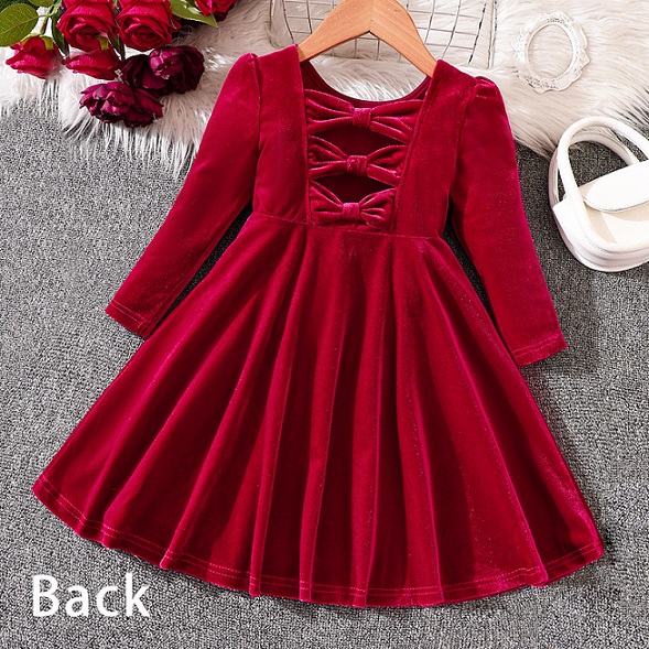 【18M-6Y】Girls Sweetheart Back Bow Red Velvet Dress 【18M-6Y】Girls Sweetheart Back Bow Red Velvet Dress